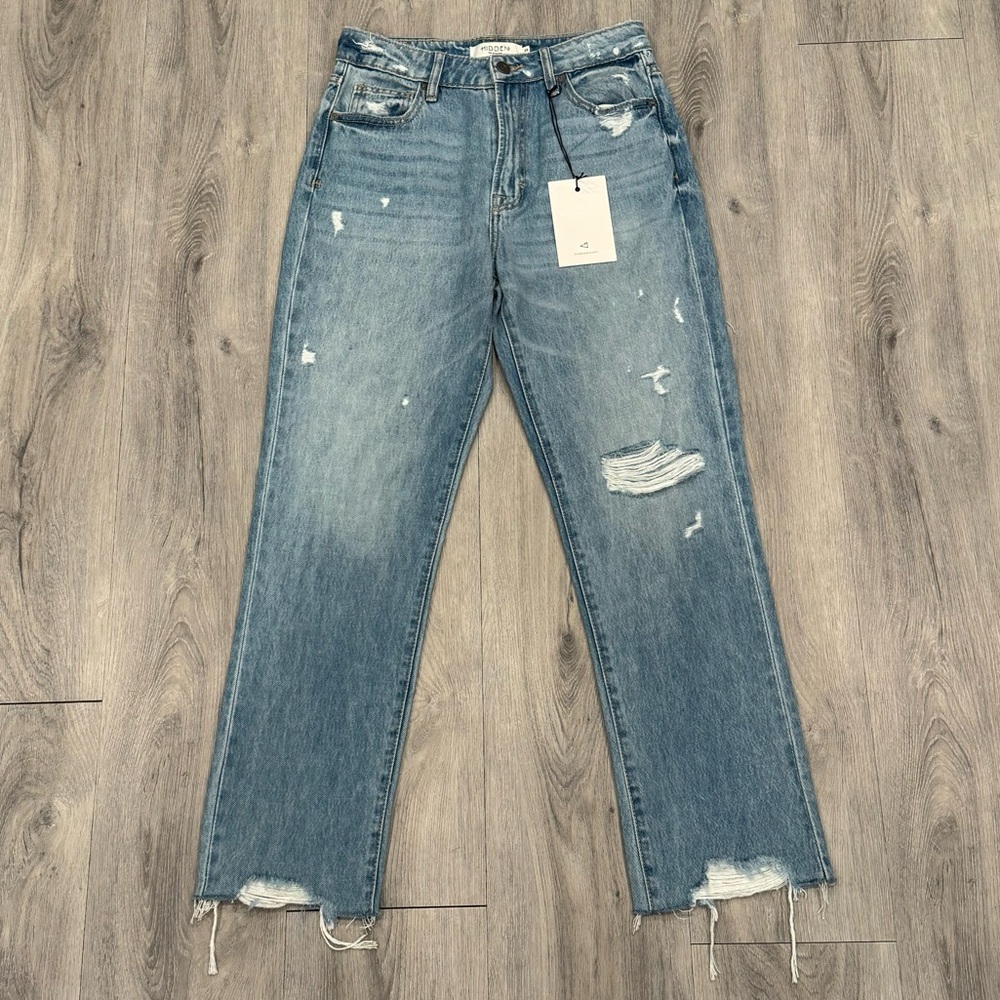HIDDEN Tracey Light Blue Wash Distressed Denim Hem High Rise Straight Leg Jeans